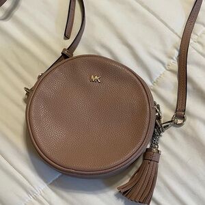 Michael Kors Taupe Round Pebbled Leather Crossbody with Tassel